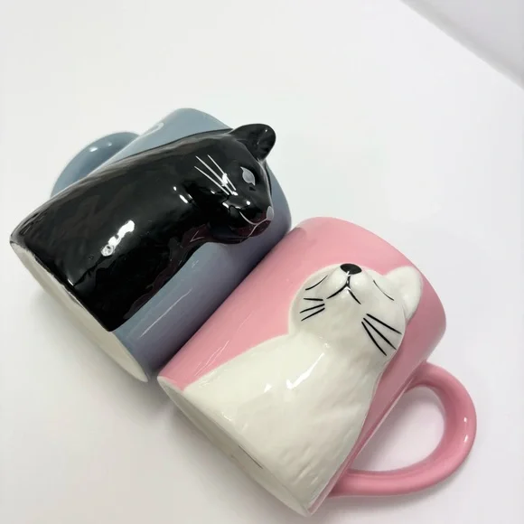 Kiss Cat Coffee Couple Mug Set, Unique Funny Tea Ceramic Cup Set